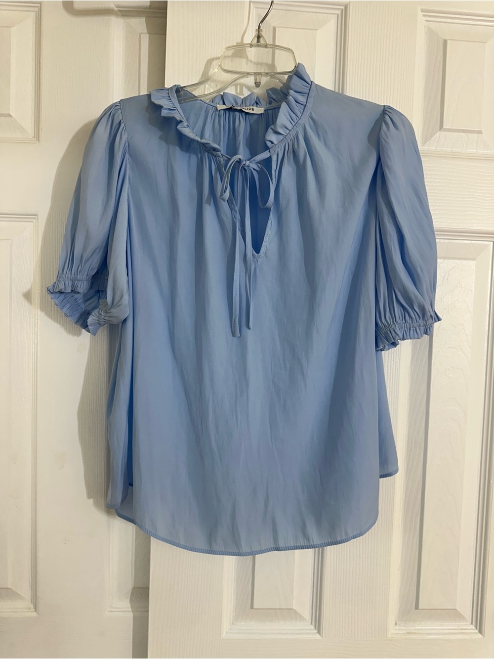 Light Blue Ruffle Tie-Neck Blouse